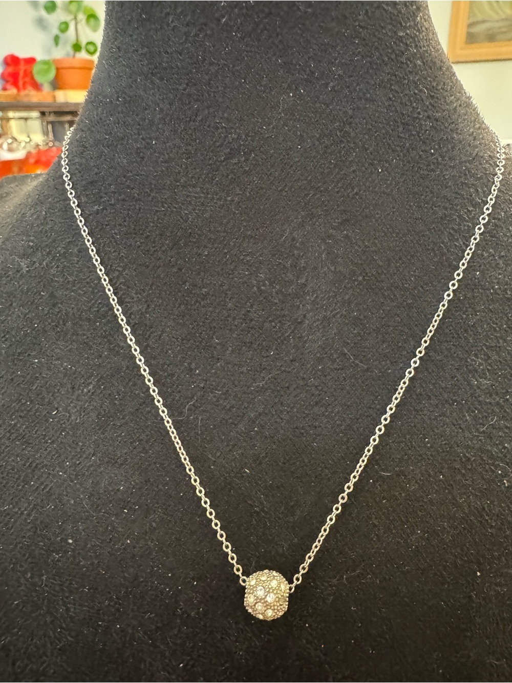 New York Silver Tone Pave Rhinestone Bead Pendant Necklace Adjustable